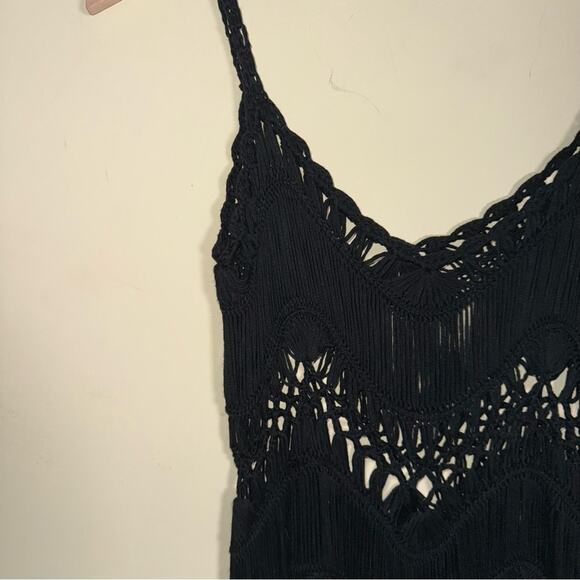 BOHO CROCHET whimsigoth festival wear black top layer front detail tank top M - Picture 4 of 6